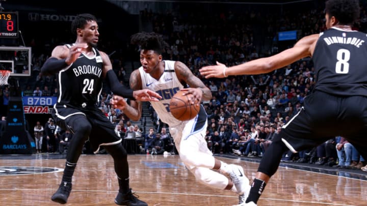 BROOKLYN, NY - JANUARY 1, 2018: Elfrid Payton #2 of the Orlando Magic drives to the basket against the Brooklyn Nets on January 1, 2018 at Barclays Center in Brooklyn, New York. NOTE TO USER: User expressly acknowledges and agrees that, by downloading and or using this Photograph, user is consenting to the terms and conditions of the Getty Images License Agreement. Mandatory Copyright Notice: Copyright 2018 NBAE (Photo by Nathaniel S. Butler/NBAE via Getty Images)