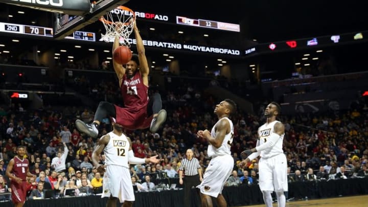 Brooklyn, NY, USA; Saint Joseph's Hawks forward DeAndre Bembry (43) dunks during the second half against VCU during the Atlantic 10 conference tournament at Barclays Center. Saint Joseph's Hawks won 87-74. Mandatory Credit: Anthony Gruppuso-USA TODAY Sports