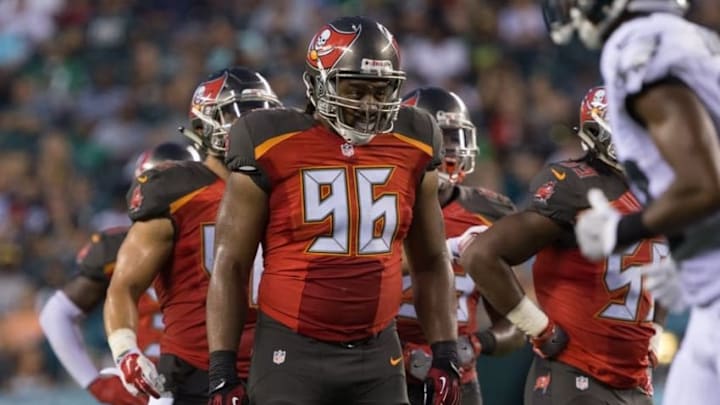 Aug 11, 2016; Philadelphia, PA, USA; Tampa Bay Buccaneers defensive end Cliff Matthews (96) in action against the Philadelphia Eagles at Lincoln Financial Field. The Philadelphia Eagles won 17-9. Mandatory Credit: Bill Streicher-USA TODAY Sports