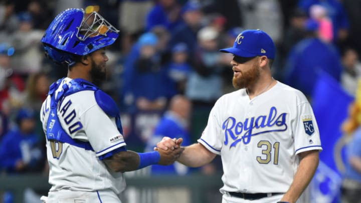 KANSAS CITY, MISSOURI - MAY 10: Catcher Martin Maldonado #16 and relief pitcher Ian Kennedy #31 of the Kansas City Royals celebrate a 5-1 win over the Philadelphia Phillies at Kauffman Stadium on May 10, 2019 in Kansas City, Missouri. (Photo by Ed Zurga/Getty Images)