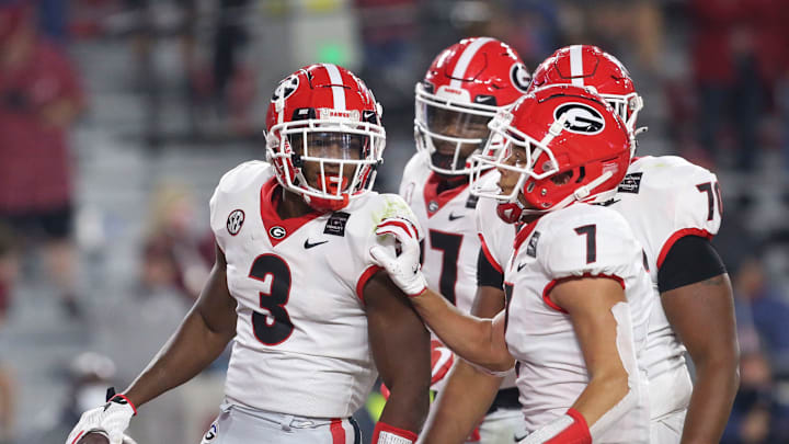 Oct 17, 2020; Tuscaloosa, Alabama, USA; Georgia running back Zamir White (3) celebrates his touchdown with teammates after scoring in the first quarter against Alabama during the first quarter at Bryant-Denny Stadium. Mandatory Credit: Gary Cosby Jr/The Tuscaloosa News via USA TODAY Sports