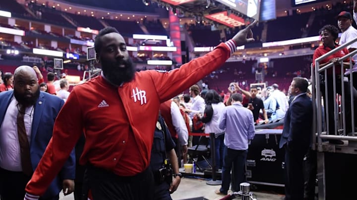 HOUSTON, TEXAS - APRIL 13: James Harden #13 of the Houston Rockets leaves the court following a victory over the Sacramento Kings at the Toyota Center on April 13, 2016 in Houston, Texas. The Rockets defeated the Kings 116-81. NOTE TO USER: User expressly acknowledges and agrees that, by downloading and or using this photograph, User is consenting to the terms and conditions of the Getty Images License Agreement. (Photo by Stacy Revere/Getty Images)