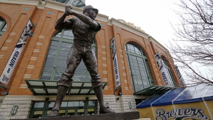 MILWAUKEE, WI - APRIL 03: A general view of the Hank Aaron statue before the MLB Opening Day game between the Milwaukee Brewers and the Colorado Rockies at Miller Park on April 3, 2017 in Milwaukee, Wisconsin. (Photo by Dylan Buell/Getty Images) *** Local Caption ***