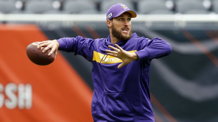 CHICAGO, ILLINOIS – SEPTEMBER 29: Kirk Cousins #8 of the Minnesota Vikings warms up prior to a game against the Chicago Bears at Soldier Field on September 29, 2019 in Chicago, Illinois. (Photo by Nuccio DiNuzzo/Getty Images)
