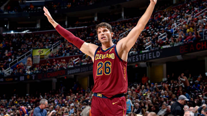 CLEVELAND, OH - OCTOBER 27: Kyle Korver #26 of the Cleveland Cavaliers reacts against the Indiana Pacers on October 27, 2018 at Quicken Loans Arena in Cleveland, Ohio. NOTE TO USER: User expressly acknowledges and agrees that, by downloading and/or using this Photograph, user is consenting to the terms and conditions of the Getty Images License Agreement. Mandatory Copyright Notice: Copyright 2018 NBAE (Photo by David Liam Kyle/NBAE via Getty Images)