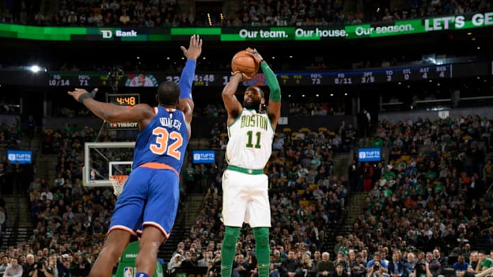 BOSTON, MA - DECEMBER 6: Kyrie Irving #11 of the Boston Celtics shoots the ball against the New York Knicks on December 6, 2018 at the TD Garden in Boston, Massachusetts. NOTE TO USER: User expressly acknowledges and agrees that, by downloading and/or using this photograph, user is consenting to the terms and conditions of the Getty Images License Agreement. Mandatory Copyright Notice: Copyright 2018 NBAE (Photo by Brian Babineau/NBAE via Getty Images)