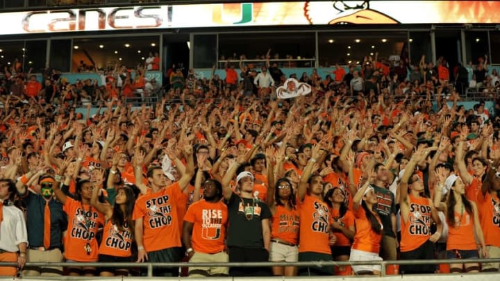 Nov 15, 2014; Miami Gardens, FL, USA; Miami Hurricanes fans cheer on during the second half of a game between the Florida State Seminoles and the Miami Hurricanes at Sun Life Stadium. Mandatory Credit: Steve Mitchell-USA TODAY Sports
