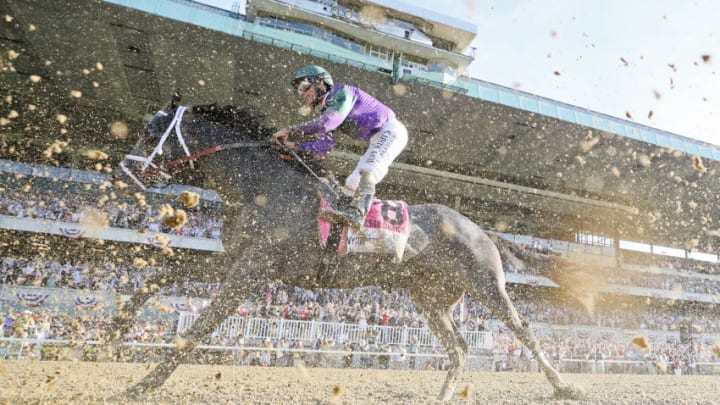 ELMONT, NEW YORK - JUNE 08: Intrepid Heart #8 with John Velazquez up runs during the 151st running of the Belmont Stakes at Belmont Park on June 08, 2019 in Elmont, New York. (Photo by Al Bello/Getty Images)