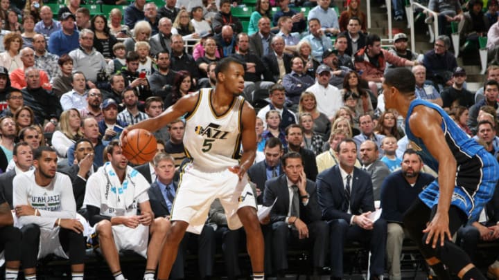 SALT LAKE CITY, UT - DECEMBER 3: Rodney Hood #5 of the Utah Jazz handles the ball against the Orlando Magic on December 3, 2015 at EnergySolutions Arena in Salt Lake City, Utah. NOTE TO USER: User expressly acknowledges and agrees that, by downloading and or using this Photograph, User is consenting to the terms and conditions of the Getty Images License Agreement. Mandatory Copyright Notice: Copyright 2015 NBAE (Photo by Melissa Majchrzak/NBAE via Getty Images)