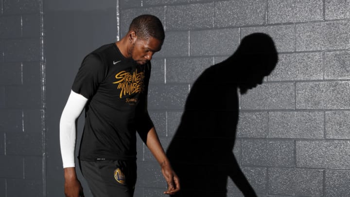 HOUSTON, TX - MAY 06: Kevin Durant #35 of the Golden State Warriors walks to the court prior to Game Four of the Second Round of the 2019 NBA Western Conference Playoffs against the Houston Rockets at Toyota Center on May 4, 2019 in Houston, Texas. NOTE TO USER: User expressly acknowledges and agrees that, by downloading and or using this photograph, User is consenting to the terms and conditions of the Getty Images License Agreement. (Photo by Tim Warner/Getty Images)