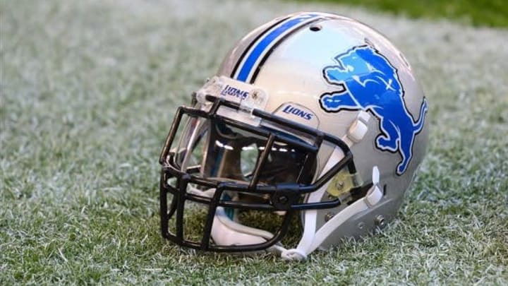 Dec. 16, 2012; Glendale, AZ, USA: Detailed view of a Detroit Lions helmet sitting on the field against the Arizona Cardinals at University of Phoenix Stadium. The Cardinals defeated the Lions 38-10. Mandatory Credit: Mark J. Rebilas-USA TODAY Sports