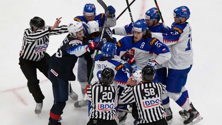 EDMONTON, AB - JANUARY 02: United States players scuffle with Slovakia players during the 2021 IIHF World Junior Championship quarterfinals at Rogers Place on January 2, 2021 in Edmonton, Canada. (Photo by Codie McLachlan/Getty Images)