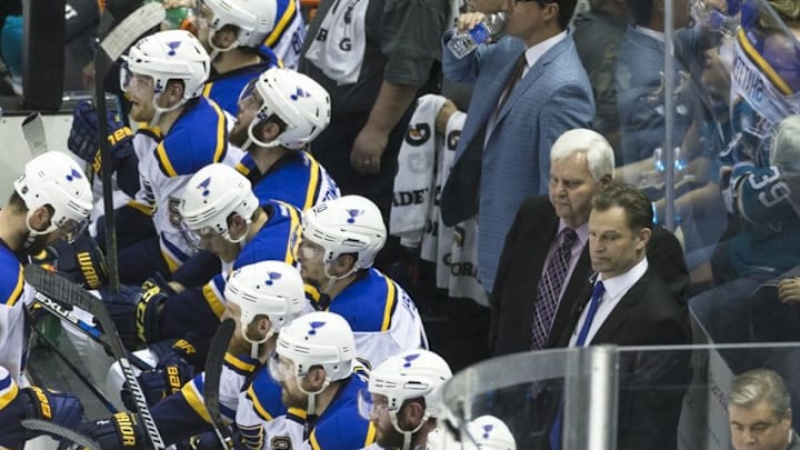 May 25, 2016; San Jose, CA, USA; St. Louis Blues head coach Ken Hitchcock talks to his team in the game against the San Jose Sharks in the second period of game six in the Western Conference Final of the 2016 Stanley Cup Playoffs at SAP Center at San Jose. Mandatory Credit: John Hefti-USA TODAY Sports