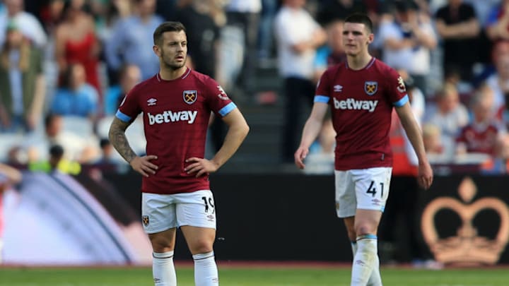 LONDON, ENGLAND - APRIL 20: Jack Wilshere and Declan Rice of West Ham United look dejected during the Premier League match between West Ham United and Leicester City at London Stadium on April 20, 2019 in London, United Kingdom. (Photo by Stephen Pond/Getty Images)