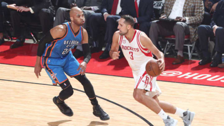 HOUSTON, TX – APRIL 19: Ryan Anderson #3 of the Houston Rockets handles the ball against the Oklahoma City Thunder during Game Two of the Western Conference Quarterfinals of the 2017 NBA Playoffs on April 19, 2017 at the Toyota Center in Houston, Texas. NOTE TO USER: User expressly acknowledges and agrees that, by downloading and/or using this photograph, user is consenting to the terms and conditions of the Getty Images License Agreement. Mandatory Copyright Notice: Copyright 2017 NBAE (Photo by Nathaniel S. Butler/NBAE via Getty Images)