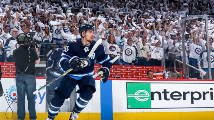 WINNIPEG, MB - MAY 3: Mark Scheifele #55 of the Winnipeg Jets hits the ice prior to puck drop against the Nashville Predators in Game Four of the Western Conference Second Round during the 2018 NHL Stanley Cup Playoffs at the Bell MTS Place on May 3, 2018 in Winnipeg, Manitoba, Canada. (Photo by Jonathan Kozub/NHLI via Getty Images)