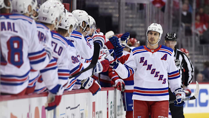 WASHINGTON, DC – FEBRUARY 24: Chris Kreider #20 of the New York Rangers celebrates after scoring a goal against the Washington Capitals in the first period at Capital One Arena on February 24, 2019 in Washington, DC. (Photo by Patrick McDermott/NHLI via Getty Images)