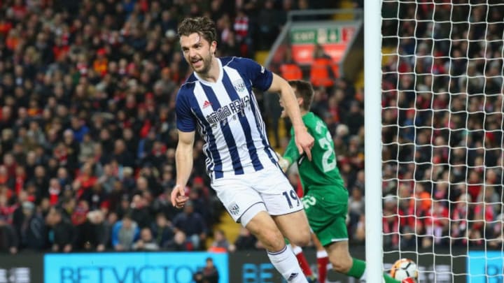 LIVERPOOL, ENGLAND – JANUARY 27: Jay Rodriguez of West Bromwich Albion celebrates after scoring his sides second goal during The Emirates FA Cup Fourth Round match between Liverpool and West Bromwich Albion at Anfield on January 27, 2018 in Liverpool, England. (Photo by Alex Livesey/Getty Images)