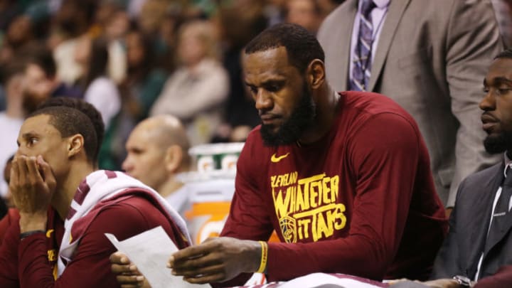 BOSTON, MA - MAY 13: LeBron James #23 of the Cleveland Cavaliers reacts from the bench in his teams loss to the Boston Celtics during the fourth quarter in Game One of the Eastern Conference Finals of the 2018 NBA Playoffs at TD Garden on May 13, 2018 in Boston, Massachusetts. The Boston Celtics defeated the Cleveland Cavaliers 108-83. (Photo by Maddie Meyer/Getty Images)
