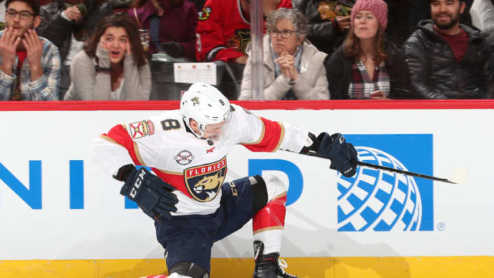 CHICAGO, IL - DECEMBER 23: Jayce Hawryluk #8 of the Florida Panthers celebrates after scoring against the Chicago Blackhawks in the first period at the United Center on December 23, 2018 in Chicago, Illinois. (Photo by Chase Agnello-Dean/NHLI via Getty Images)