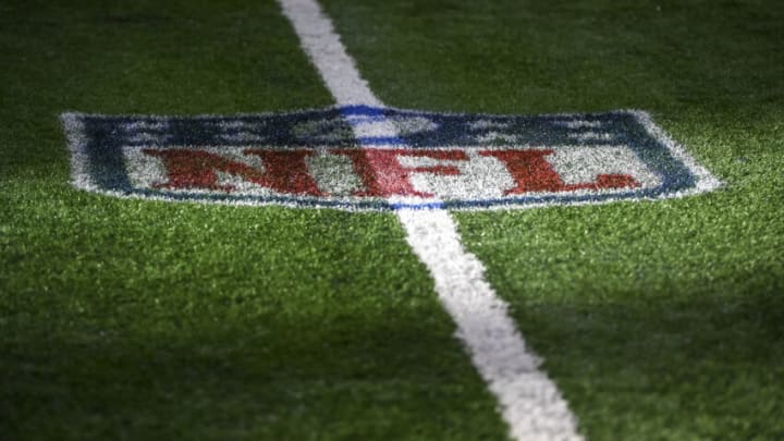 DETROIT, MICHIGAN - JANUARY 09: The NFL logo is pictured during the game between the Detroit Lions and Green Bay Packers at Ford Field on January 09, 2022 in Detroit, Michigan. (Photo by Nic Antaya/Getty Images)