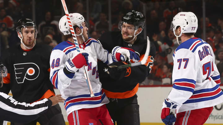 PHILADELPHIA, PA – DECEMBER 23: Brendan Lemieux #48 of the New York Rangers gets in an altercation with James van Riemsdyk #25 of the Philadelphia Flyers in the third period at the Wells Fargo Center on December 23, 2019 in Philadelphia, Pennsylvania. The Flyers defeated the Rangers 5-1. (Photo by Mitchell Leff/Getty Images)