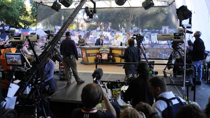 Oct 4, 2014; Oxford, MS, USA; The cast of ESPN College Gameday prior to the Mississippi Rebels game against the Alabama Crimson Tideat Vaught-Hemingway Stadium. Mandatory Credit: Christopher Hanewinckel-USA TODAY Sports