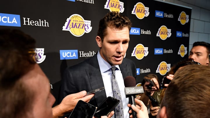 PORTLAND, OR - NOVEMBER 3: Head Coach Luke Walton of Los Angeles Lakers talks with media after the game against the Portland Trail Blazers on November 3, 2018 at Moda Center in Portland, Oregon. NOTE TO USER: User expressly acknowledges and agrees that, by downloading and/or using this Photograph, user is consenting to the terms and conditions of the Getty Images License Agreement. Mandatory Copyright Notice: Copyright 2018 NBAE (Photo by Andrew D. Bernstein/NBAE via Getty Images)