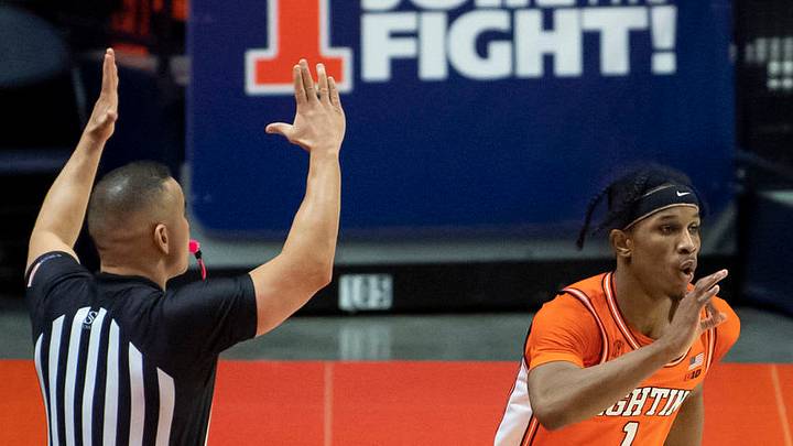 Jan 29, 2021; Champaign, Illinois, USA; Illinois Fighting Illini guard Trent Frazier (1) celebrates after making a three point basket against the Iowa Hawkeyes during the second half at the State Farm Center. Mandatory Credit: Patrick Gorski-USA TODAY Sports