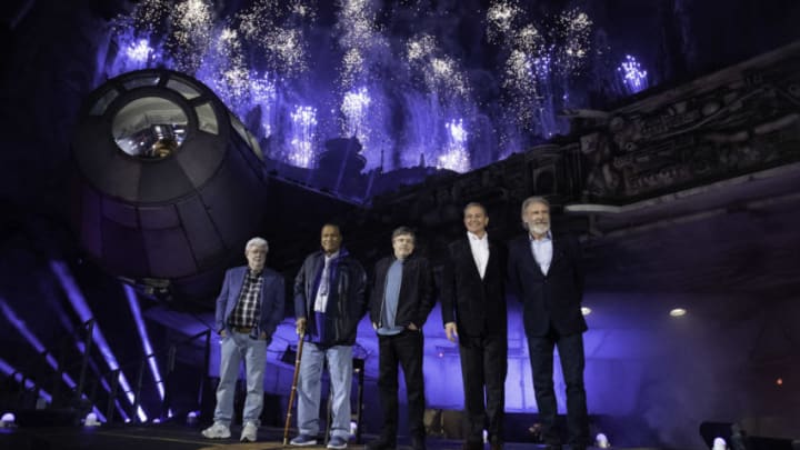 ANAHEIM, CA - MAY 29: In this handout photo provided by Disneyland Resort, (L-R) George Lucas, Billy Dee Williams, Mark Hamil, Bob Iger and Harrison Ford attend the pre-opening launch of Star Wars: Galaxy's Edge at Disneyland on May 29, 2019 in Anaheim, California. (Photo by Richard Harbaugh/Disneyland Resort via Getty Images)