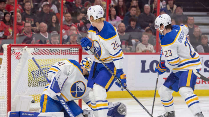 Jan 1, 2023; Ottawa, Ontario, CAN; Buffalo Sabres goalie Craig Anderson (41) is unable to stop a shot from Ottawa Senators left wing Tim Stutzle (18-not pictured) in the first period at the Canadian Tire Centre. Mandatory Credit: Marc DesRosiers-USA TODAY Sports