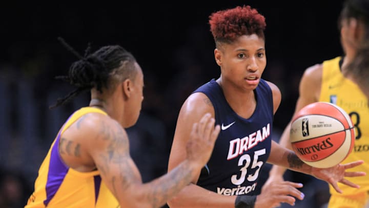 LOS ANGELES, CA - JUNE 12: Angel McCoughtry #35 of the Atlanta Dream handles the ball against Riquna Williams #2 of the Los Angeles Sparks during a WNBA basketball game at Staples Center on June 12, 2018 in Los Angeles, California. (Photo by Leon Bennett/Getty Images)