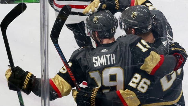 EDMONTON, ALBERTA - AUGUST 11: Reilly Smith #19 of the Vegas Golden Knights celebrates a goal with teammate Paul Stastny #26 against the Chicago Blackhawks during the third period in Game One of the Western Conference First Round during the 2020 NHL Stanley Cup Playoffs at Rogers Place on August 11, 2020 in Edmonton, Alberta. (Photo by Jeff Vinnick/Getty Images)