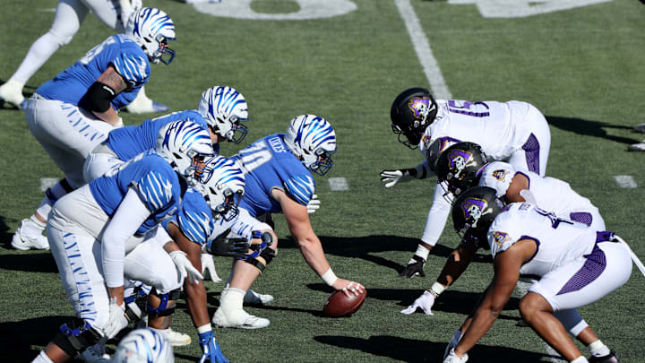 MEMPHIS, TN – NOVEMBER 13: Jacob Likes #70 of the Memphis Tigers sets to snap the ball against the East Carolina Pirates on November 13, 2021 at Liberty Bowl Memorial Stadium in Memphis, Tennessee. (Photo by Joe Murphy/Getty Images)