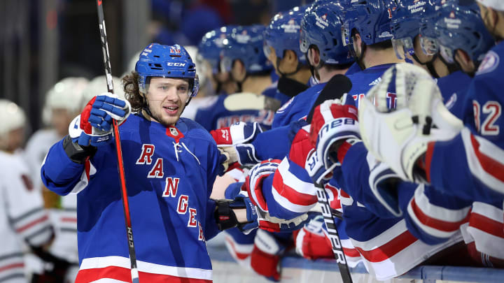 NEW YORK, NEW YORK – DECEMBER 04: Artemi Panarin #10 of the New York Rangers celebrates his goal in the third period against the Chicago Blackhawksat Madison Square Garden on December 04, 2021 in New York City. The New York Rangers defeated the Chicago Blackhawks 3-2. (Photo by Elsa/Getty Images)