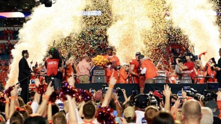 Dec 31, 2015; Miami Gardens, FL, USA; Clemson Tigers celebrates as they beat the Oklahoma Sooners of the 2015 CFP Semifinal at the Orange Bowl at Sun Life Stadium. Clemson won 37-17. Mandatory Credit: Kim Klement-USA TODAY Sports