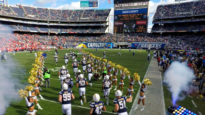 SAN DIEGO, CA - JANUARY 01: The defense of the San Diego Chargers takes the field en route to their 37-27 loss to the Kansas City Chiefs during their NFL game at Qualcomm Stadium on January 1, 2017 in San Diego, California. (Photo by Donald Miralle/Getty Images)