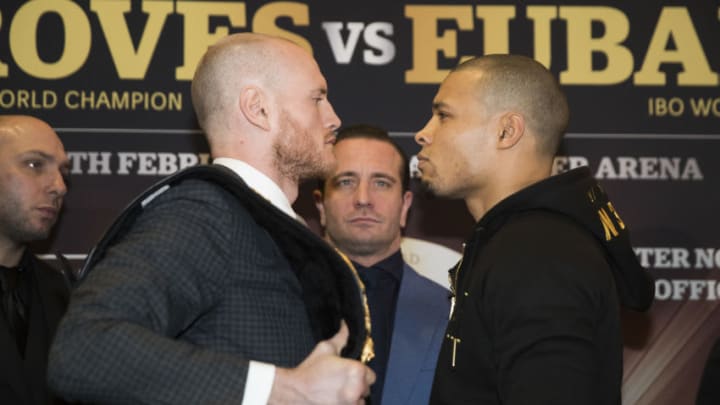 MANCHESTER, ENGLAND - FEBRUARY 14: George Groves and Chris Eubank Jr face off after their press conference at Crowne Plaza Hotel in Manchester on February 14, 2018 in Manchester, England. (Photo by Mark Robinson/Getty Images)