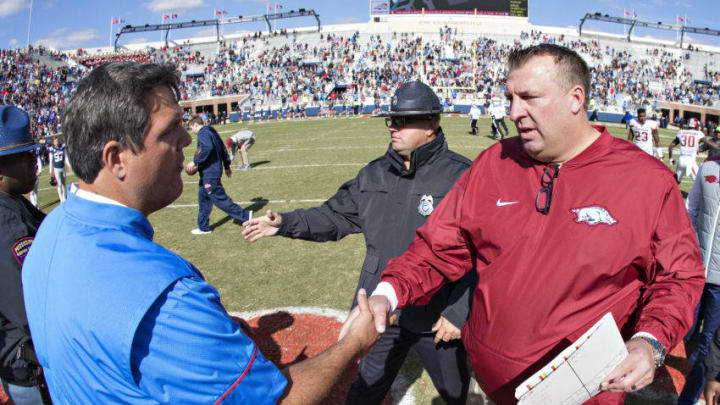 OXFORD, MS - OCTOBER 28: Head Coach Matt Luke of the Ole Miss Rebels shakes hands at midfield with Head Coach Bret Bielema of the Arkansas Razorbacks at Hemingway Stadium on October 28, 2017 in Oxford, Mississippi. The Razorbacks defeated the Rebels 38-37. (Photo by Wesley Hitt/Getty Images)