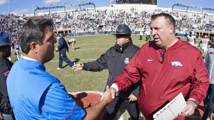 OXFORD, MS - OCTOBER 28: Head Coach Matt Luke of the Ole Miss Rebels shakes hands at midfield with Head Coach Bret Bielema of the Arkansas Razorbacks at Hemingway Stadium on October 28, 2017 in Oxford, Mississippi. The Razorbacks defeated the Rebels 38-37. (Photo by Wesley Hitt/Getty Images)