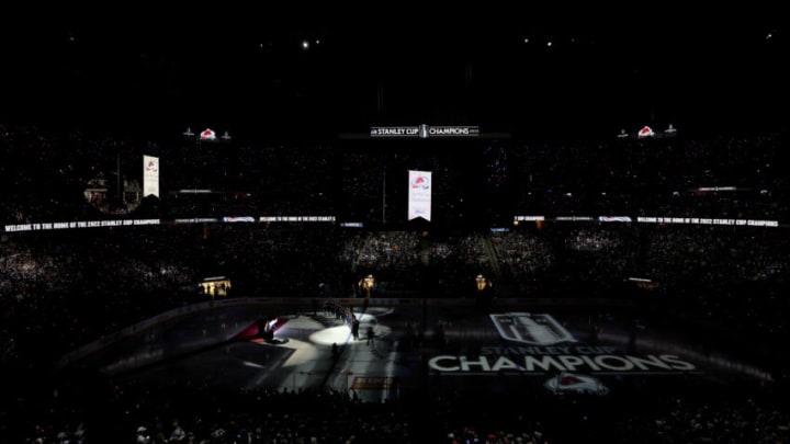 DENVER, COLORADO - OCTOBER 12: The Stanley Cup Champions banner is raised in a ceremony celebrating last season's Colorado Avalanche NHL championship before this season's home opener against the Chicago Blackhawks at Ball Arena on October 12, 2022 in Denver, Colorado. (Photo by Matthew Stockman/Getty Images)