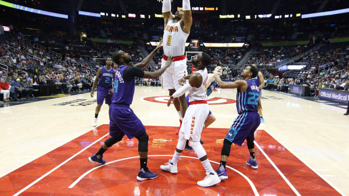 Apr 11, 2017; Atlanta, GA, USA; Atlanta Hawks center Dwight Howard (8) dunks against the Charlotte Hornets in the first half at Philips Arena. Mandatory Credit: Brett Davis-USA TODAY Sports