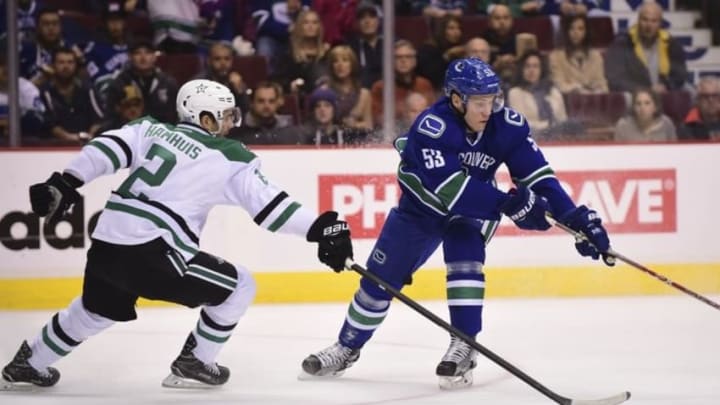 Nov 13, 2016; Vancouver, British Columbia, CAN; Dallas Stars defenseman Dan Hamhuis (2) defends against Vancouver Canucks forward Bo Horvat (53) during the first period at Rogers Arena. Mandatory Credit: Anne-Marie Sorvin-USA TODAY Sports