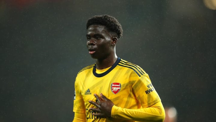 MANCHESTER, ENGLAND - SEPTEMBER 30: Bukayo Saka of Arsenal during the Premier League match between Manchester United and Arsenal FC at Old Trafford on September 30, 2019 in Manchester, United Kingdom. (Photo by Robbie Jay Barratt - AMA/Getty Images)