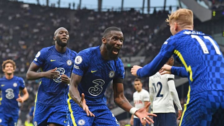 Chelsea's German defender Antonio Rudiger (C) celebrates scoring his team's third goal with Chelsea's German striker Timo Werner (R) during the English Premier League football match between Tottenham Hotspur and Chelsea at Tottenham Hotspur Stadium in London, on September 19, 2021. - - RESTRICTED TO EDITORIAL USE. No use with unauthorized audio, video, data, fixture lists, club/league logos or 'live' services. Online in-match use limited to 120 images. An additional 40 images may be used in extra time. No video emulation. Social media in-match use limited to 120 images. An additional 40 images may be used in extra time. No use in betting publications, games or single club/league/player publications. (Photo by JUSTIN TALLIS / AFP) / RESTRICTED TO EDITORIAL USE. No use with unauthorized audio, video, data, fixture lists, club/league logos or 'live' services. Online in-match use limited to 120 images. An additional 40 images may be used in extra time. No video emulation. Social media in-match use limited to 120 images. An additional 40 images may be used in extra time. No use in betting publications, games or single club/league/player publications. / RESTRICTED TO EDITORIAL USE. No use with unauthorized audio, video, data, fixture lists, club/league logos or 'live' services. Online in-match use limited to 120 images. An additional 40 images may be used in extra time. No video emulation. Social media in-match use limited to 120 images. An additional 40 images may be used in extra time. No use in betting publications, games or single club/league/player publications. (Photo by JUSTIN TALLIS/AFP via Getty Images)