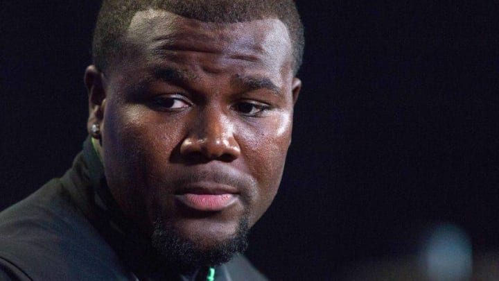Feb 25, 2016; Indianapolis, IN, USA; Ohio State quarterback Cardale Jones speaks to the media during the 2016 NFL Scouting Combine at Lucas Oil Stadium. Mandatory Credit: Trevor Ruszkowski-USA TODAY Sports