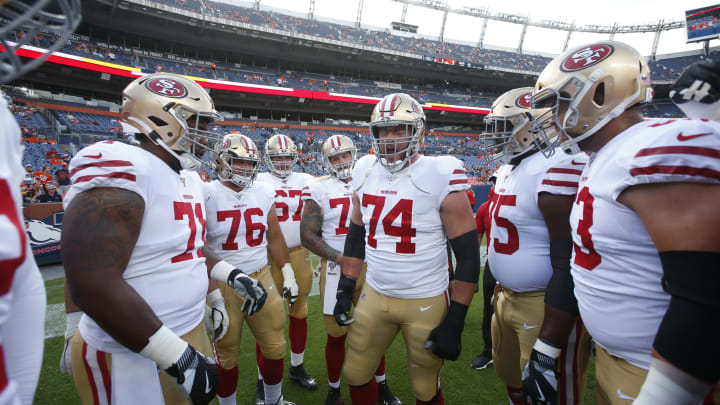 Joe Staley #74 of the San Francisco 49ers fires up the offensive line (Photo by Michael Zagaris/San Francisco 49ers/Getty Images)