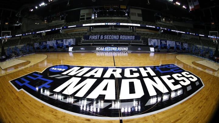 INDIANAPOLIS, INDIANA – MARCH 21: A general view of the March Madness logo on center court is seen before the game between the Oral Roberts Golden Eagles and the Florida Gators in the second round game of the 2021 NCAA Men’s Basketball Tournament at Indiana Farmers Coliseum on March 21, 2021 in Indianapolis, Indiana. (Photo by Maddie Meyer/Getty Images)