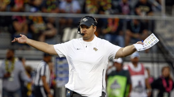 Dec 1, 2018; Orlando, FL, USA; UCF Knights head coach Josh Heupel pumps up the crowd during the second quarter against the Memphis Tigers at Spectrum Stadium. Mandatory Credit: Reinhold Matay-USA TODAY Sports