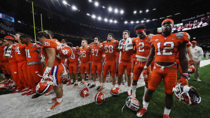 NEW ORLEANS, LA - JANUARY 01: The Clemson Tigers react after the AllState Sugar Bowl against the Alabama Crimson Tide at the Mercedes-Benz Superdome on January 1, 2018 in New Orleans, Louisiana. (Photo by Chris Graythen/Getty Images)